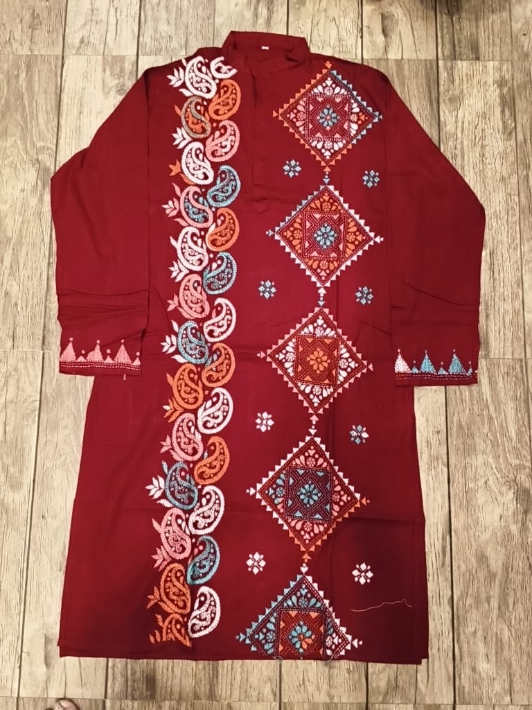 Red Cotton Kantha Stitch (Hand Embroidery) Panjabi KP26406