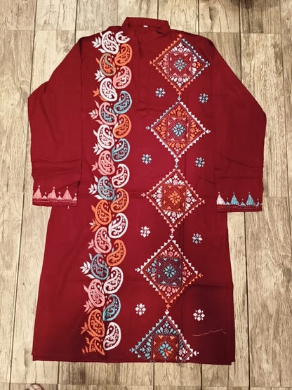 Red Cotton Kantha Stitch (Hand Embroidery) Panjabi KP26406