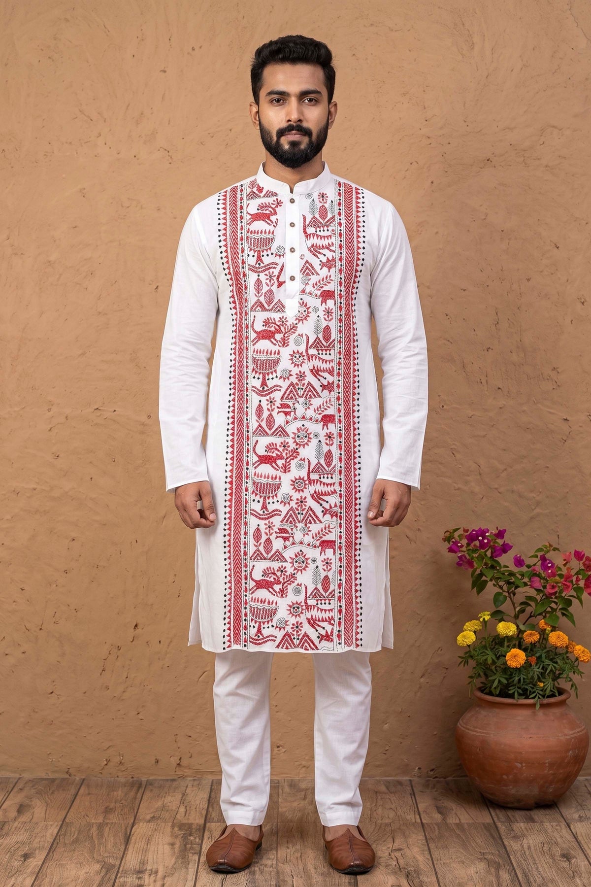 White Cotton Kantha Stitch (Hand Embroidery) Panjabi KP26407