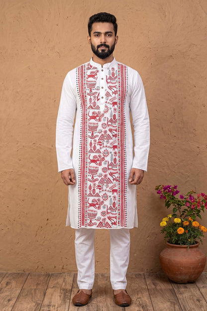White Cotton Kantha Stitch (Hand Embroidery) Panjabi KP26407