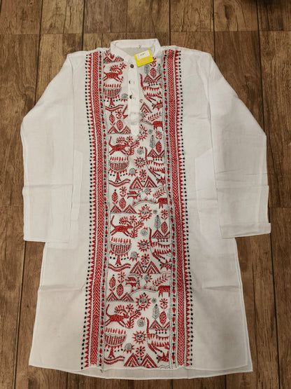 White Cotton Kantha Stitch (Hand Embroidery) Panjabi KP26407