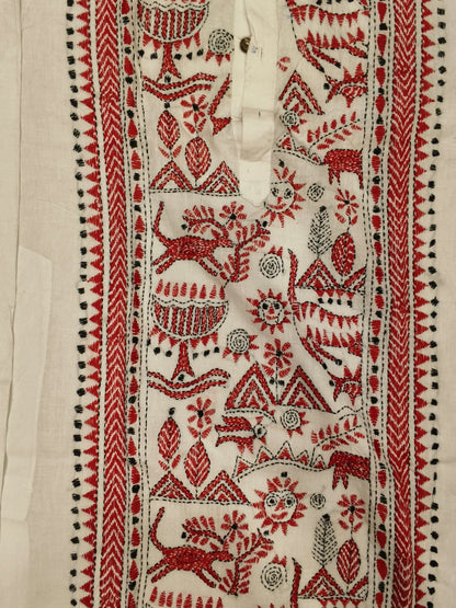 White Cotton Kantha Stitch (Hand Embroidery) Panjabi KP26407
