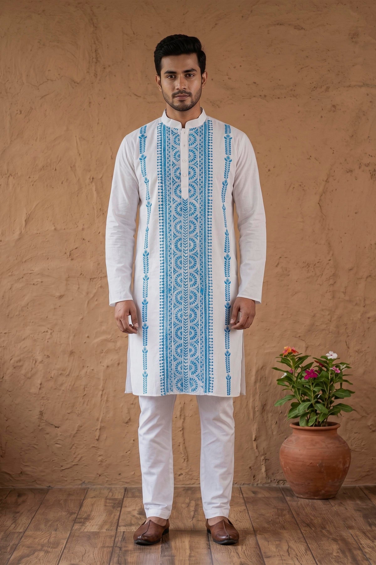 White Cotton Kantha Stitch (Hand Embroidery) Panjabi KP26408