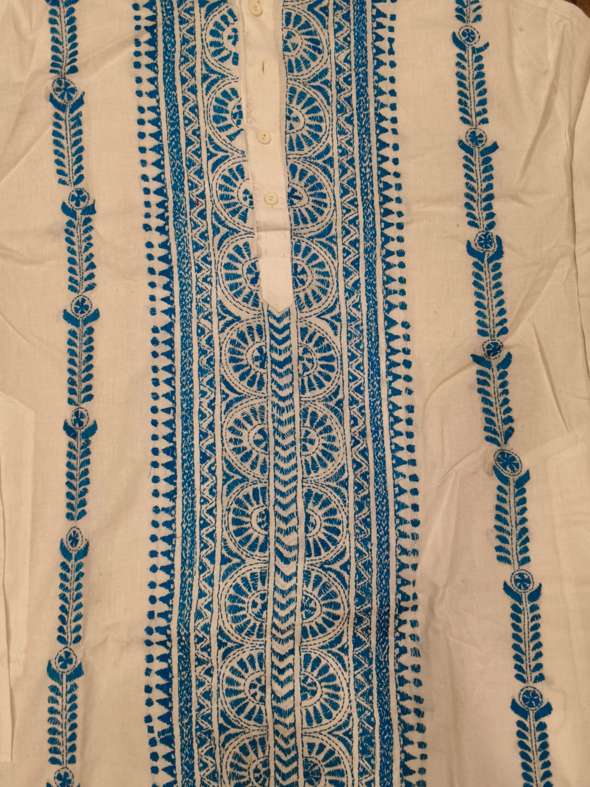 White Cotton Kantha Stitch (Hand Embroidery) Panjabi KP26408