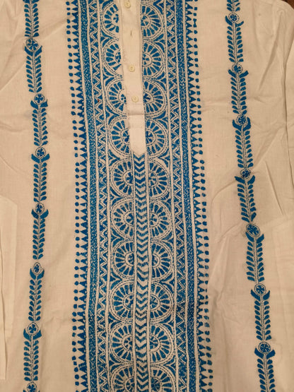 White Cotton Kantha Stitch (Hand Embroidery) Panjabi KP26408
