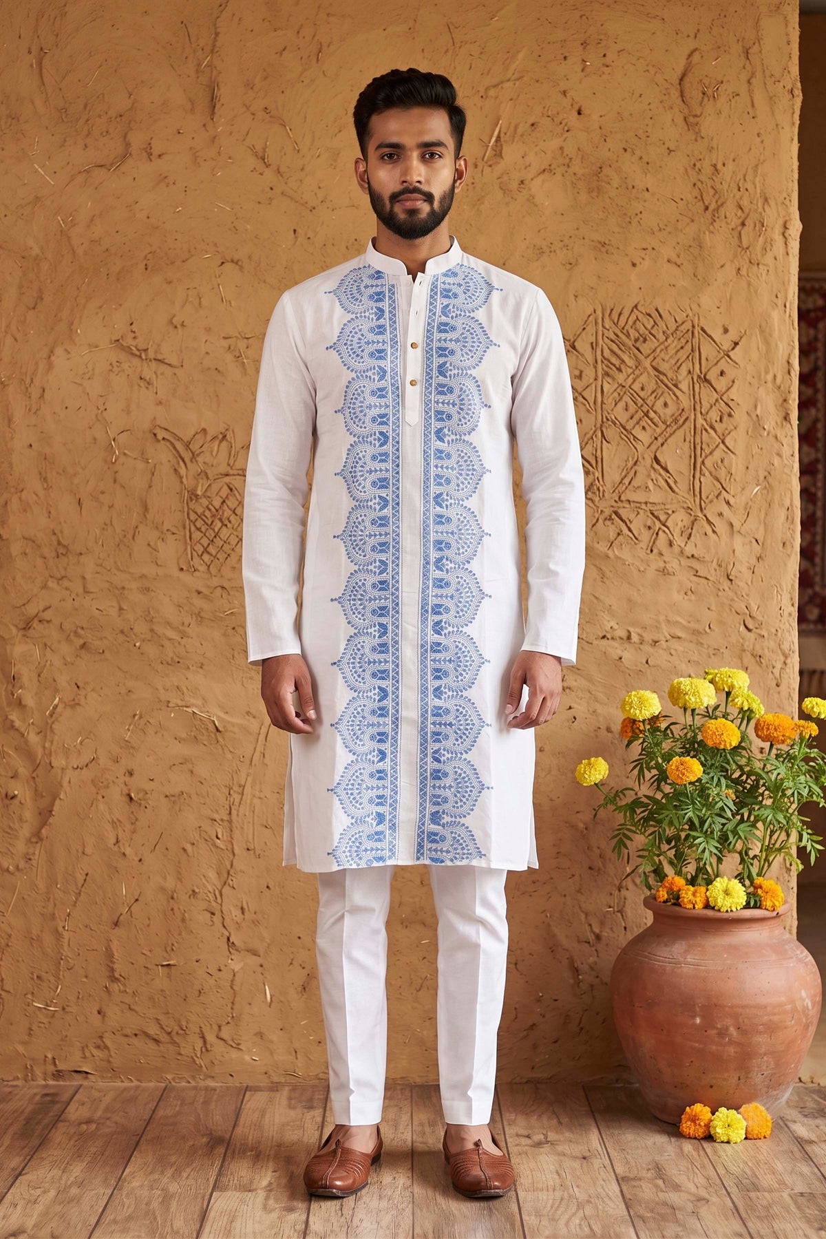 White Cotton Kantha Stitch (Hand Embroidery) Panjabi KP26409