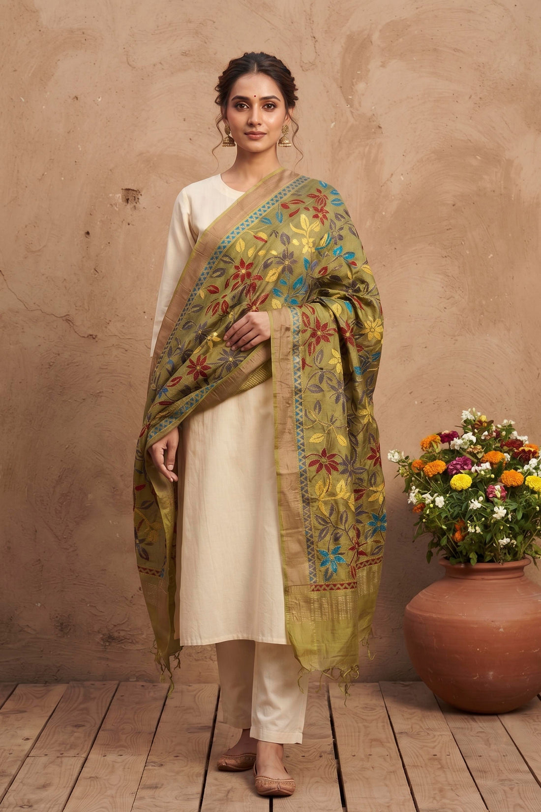 Zari Border Pure Tussar Kantha Stitch Dupatta SN26KD40
