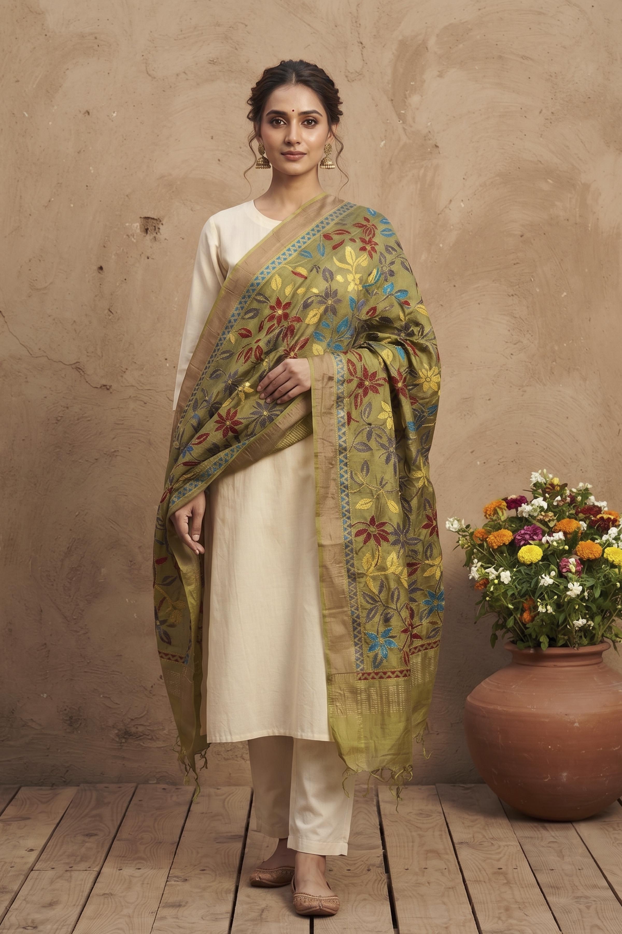Zari Border Pure Tussar Kantha Stitch Dupatta SN26KD40