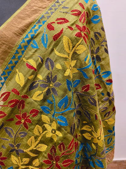 Zari Border Pure Tussar Kantha Stitch Dupatta SN26KD40