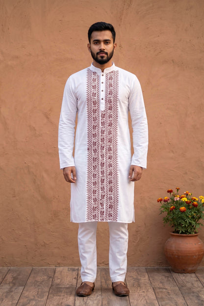 White Cotton Kantha Stitch (Hand Embroidery) Panjabi KP26410