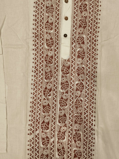 White Cotton Kantha Stitch (Hand Embroidery) Panjabi KP26410