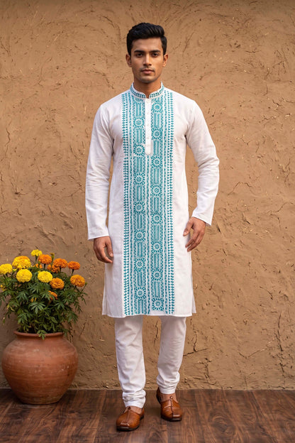 White Cotton Kantha Stitch (Hand Embroidery) Panjabi KP26411