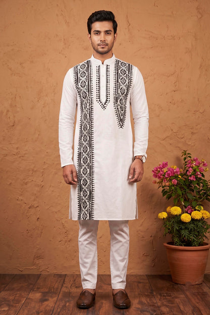 White Cotton Kantha Stitch (Hand Embroidery) Panjabi KP26412