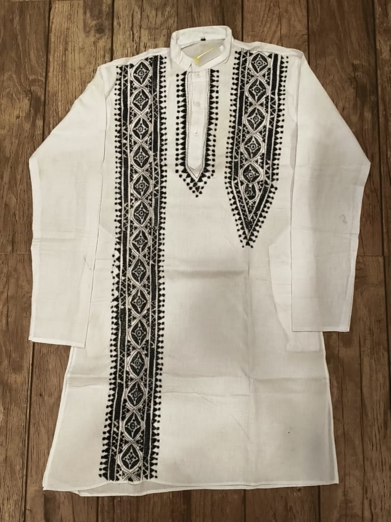 White Cotton Kantha Stitch (Hand Embroidery) Panjabi KP26412
