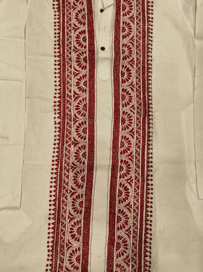 White Cotton Kantha Stitch (Hand Embroidery) Panjabi KP26413