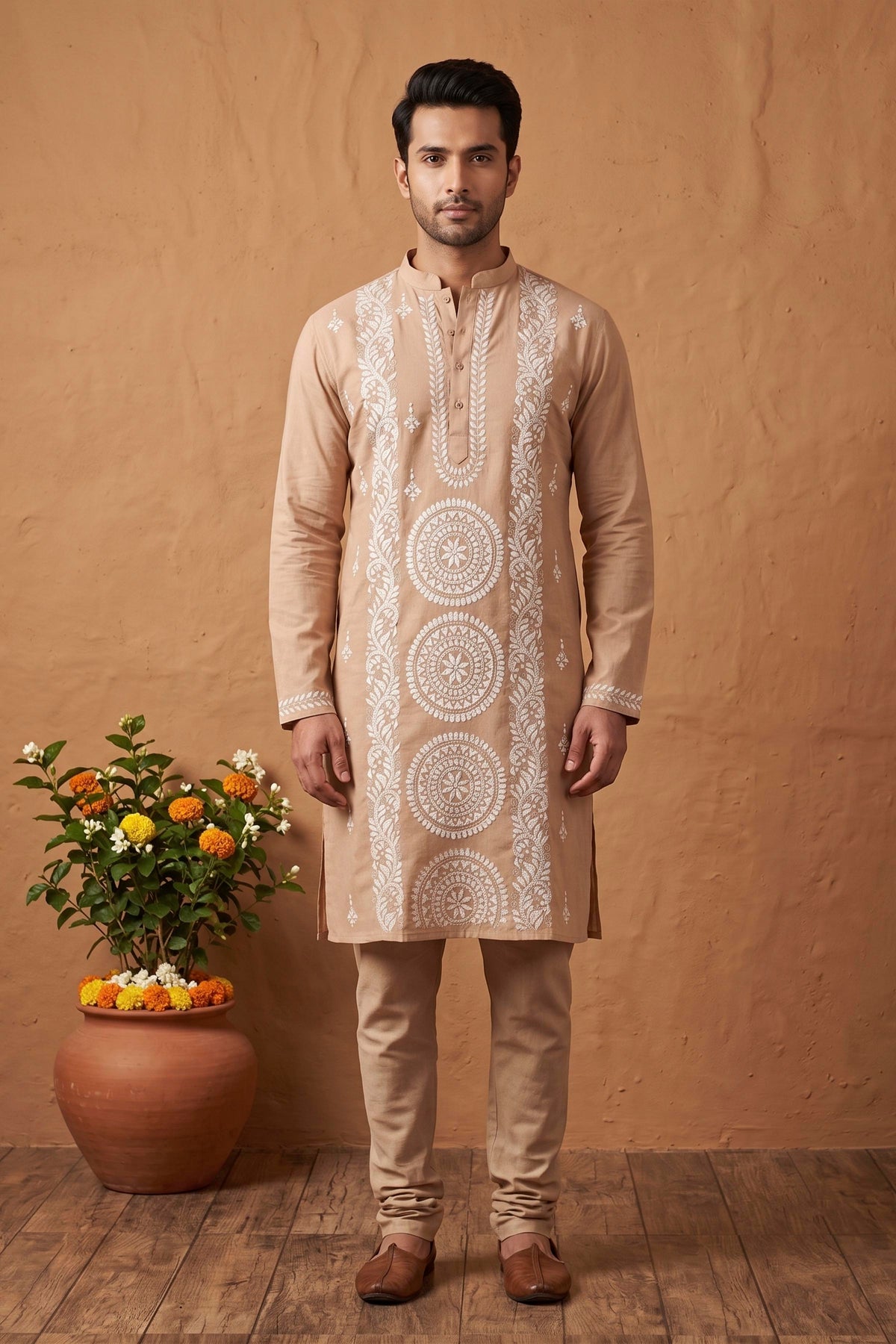 Beige Cotton Kantha Stitch (Hand Embroidery) Panjabi KP26414
