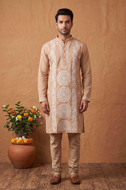 Beige Cotton Kantha Stitch (Hand Embroidery) Panjabi KP26414
