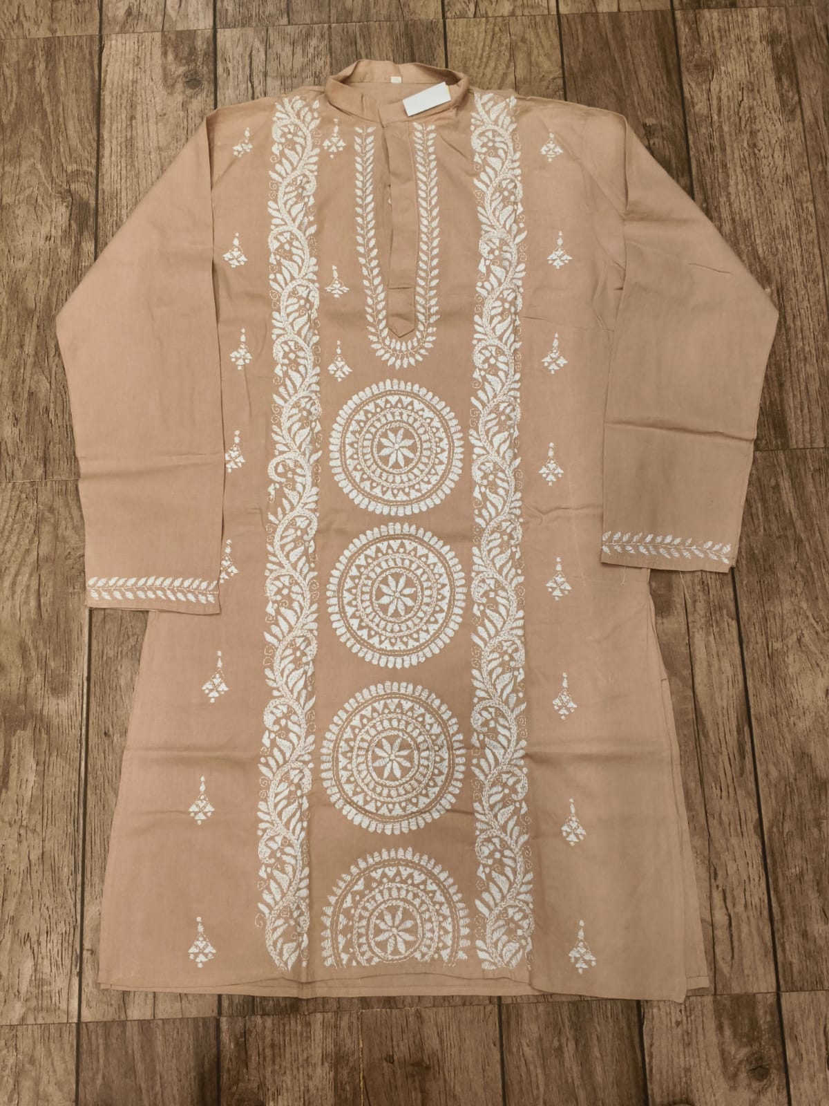 Beige Cotton Kantha Stitch (Hand Embroidery) Panjabi KP26414