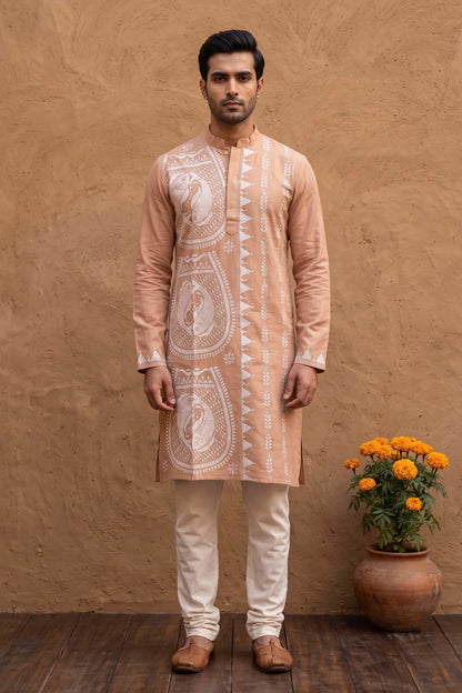 Beige Cotton Kantha Stitch (Hand Embroidery) Panjabi KP26415