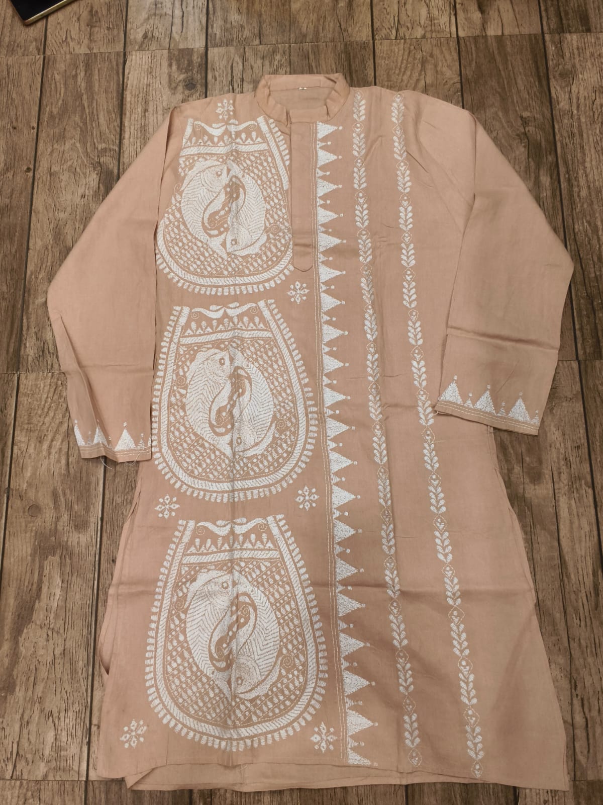 Beige Cotton Kantha Stitch (Hand Embroidery) Panjabi KP26415