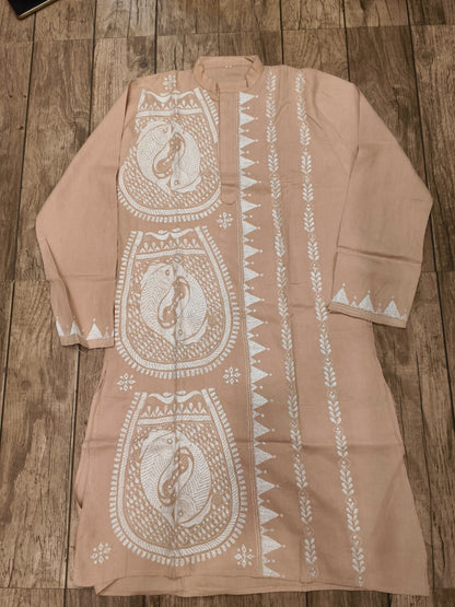 Beige Cotton Kantha Stitch (Hand Embroidery) Panjabi KP26415