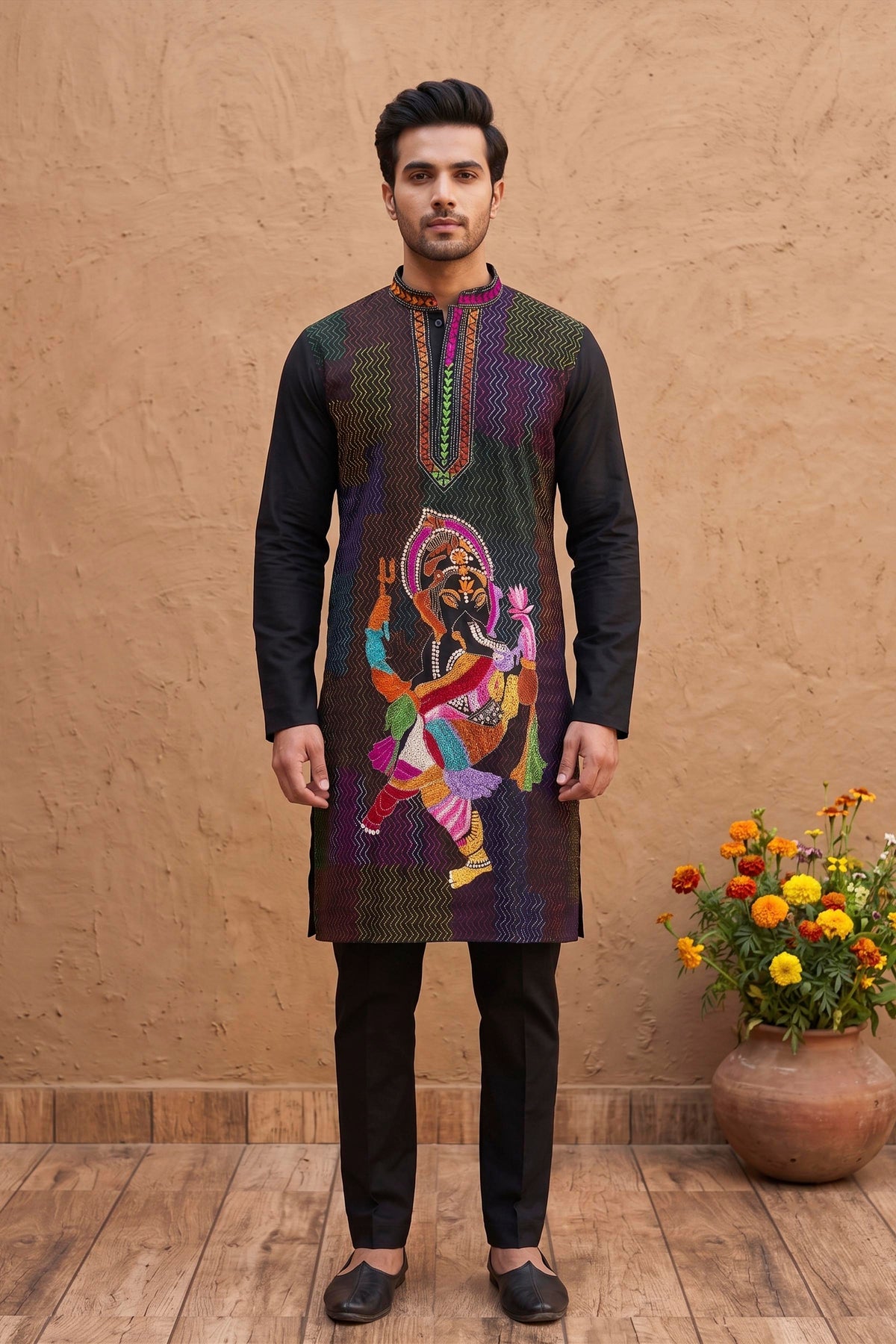 Black Cotton Kantha Stitch (Hand Embroidery) Panjabi KP26416