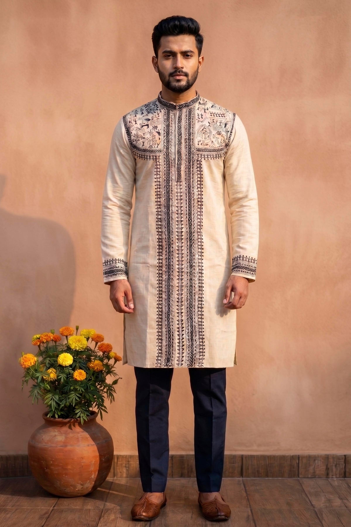 Beige Pure Tussar with Kantha Work (Hand Embroidery) Panjabi KP26417
