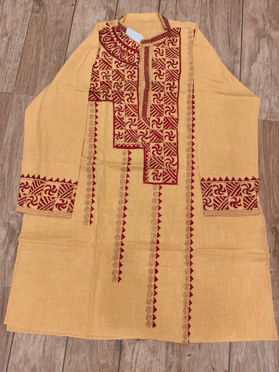 Yellowish Beige Color Cotton Kantha Stitch (Hand Embroidery) Panjabi KP26418