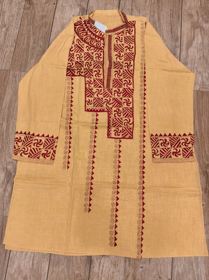 Yellowish Beige Color Cotton Kantha Stitch (Hand Embroidery) Panjabi KP26418