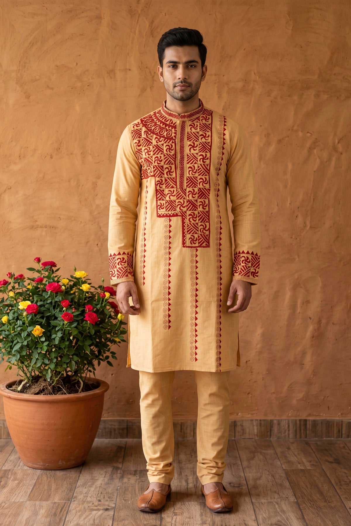 Yellowish Beige Color Cotton Kantha Stitch (Hand Embroidery) Panjabi KP26418