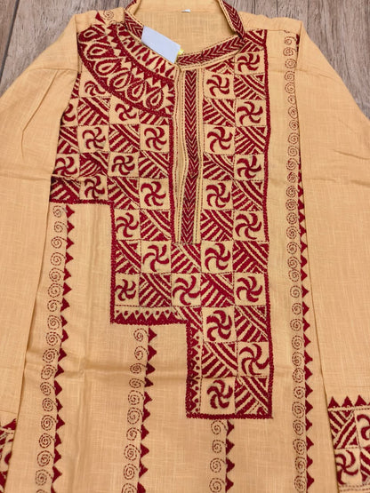 Yellowish Beige Color Cotton Kantha Stitch (Hand Embroidery) Panjabi KP26418