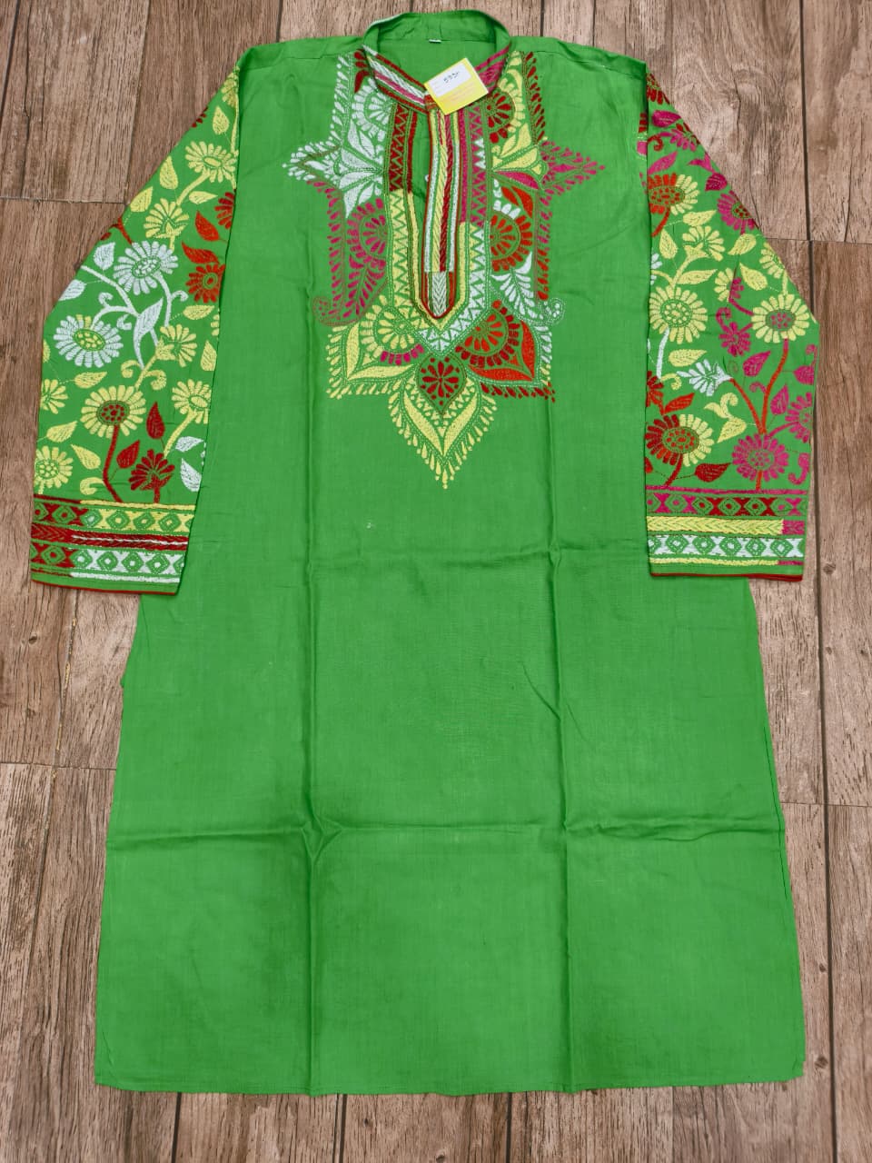 Green Color Cotton Kantha Stitch (Hand Embroidery) Panjabi KP26419