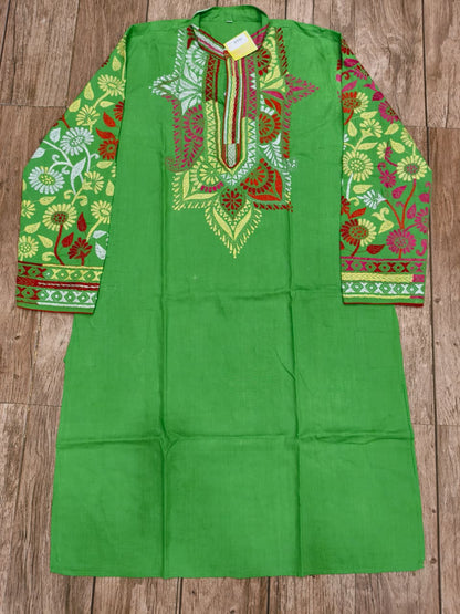 Green Color Cotton Kantha Stitch (Hand Embroidery) Panjabi KP26419