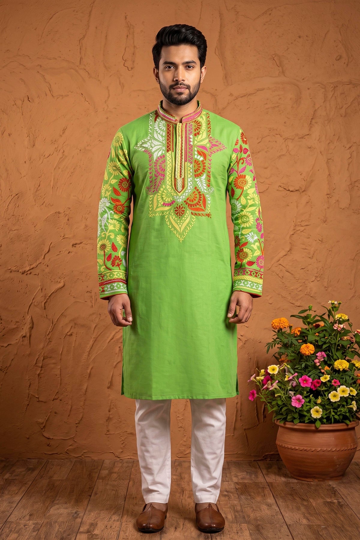 Green Color Cotton Kantha Stitch (Hand Embroidery) Panjabi KP26419