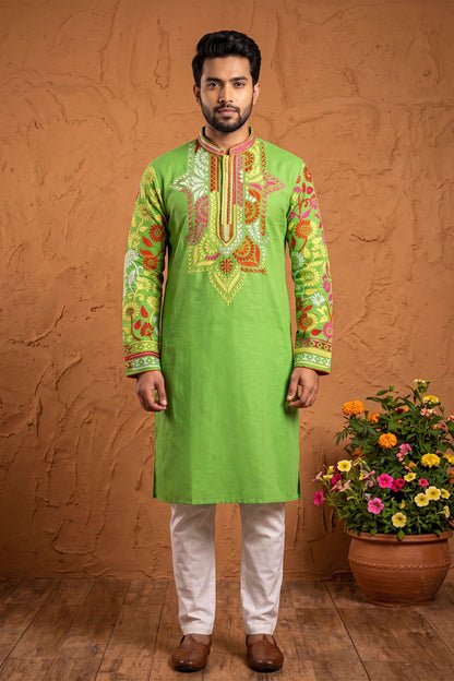 Green Color Cotton Kantha Stitch (Hand Embroidery) Panjabi KP26419