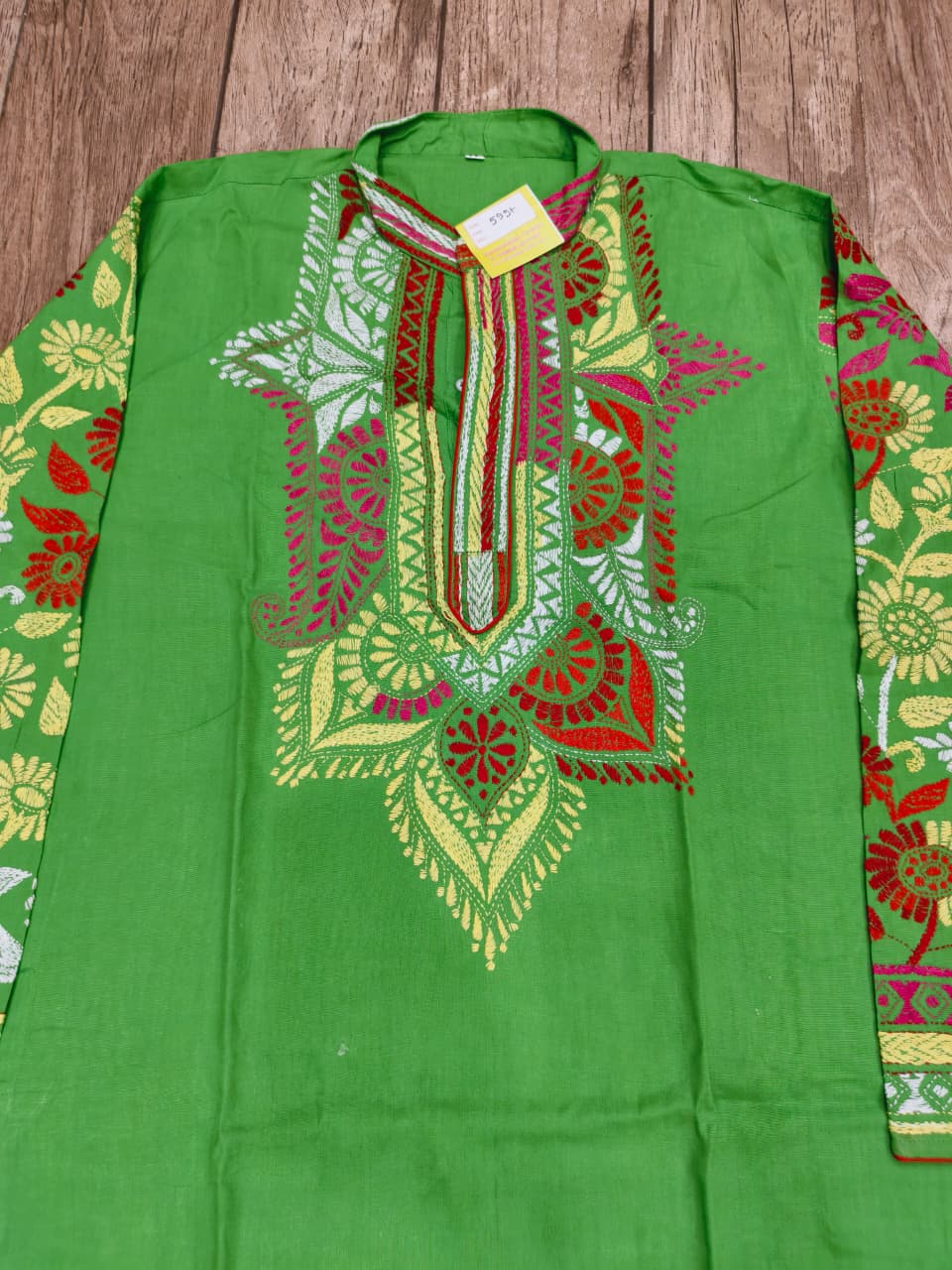 Green Color Cotton Kantha Stitch (Hand Embroidery) Panjabi KP26419