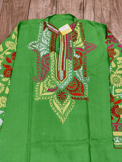 Green Color Cotton Kantha Stitch (Hand Embroidery) Panjabi KP26419