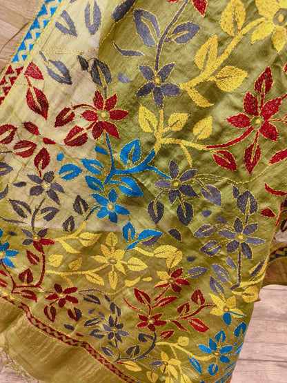 Zari Border Pure Tussar Kantha Stitch Dupatta SN26KD40