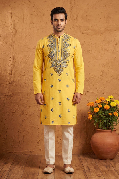 Yellow Color Cotton Kantha Stitch (Hand Embroidery) Panjabi KP26421