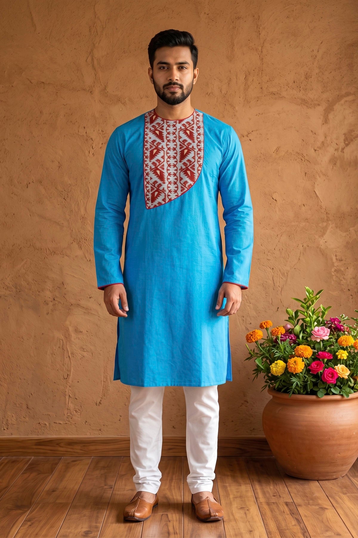 Blue Color Cotton with Jamdani Patch Work Panjabi KP26422