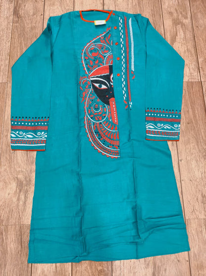 Sea Green Color Cotton Kantha Stitch (Hand Embroidery) Panjabi KP26424