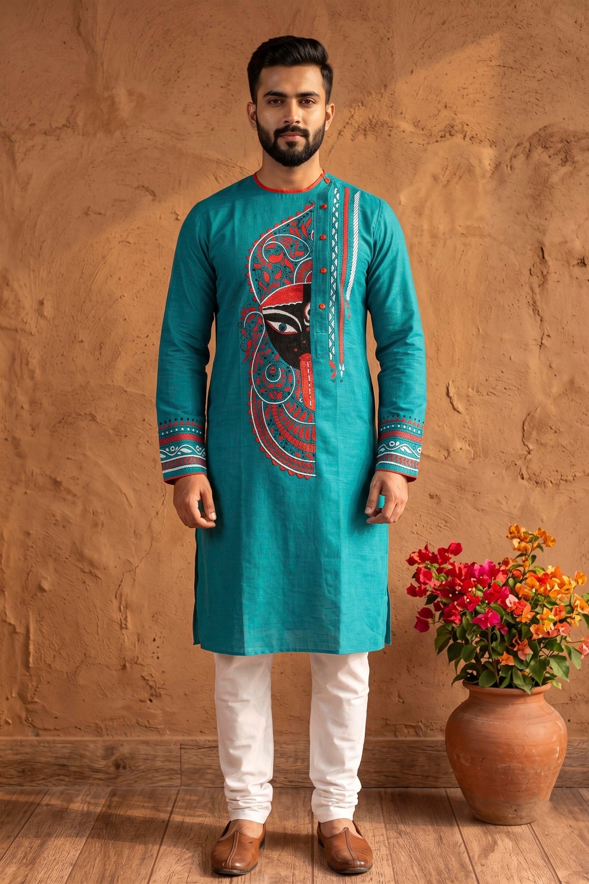 Sea Green Color Cotton Kantha Stitch (Hand Embroidery) Panjabi KP26424