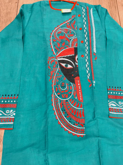 Sea Green Color Cotton Kantha Stitch (Hand Embroidery) Panjabi KP26424