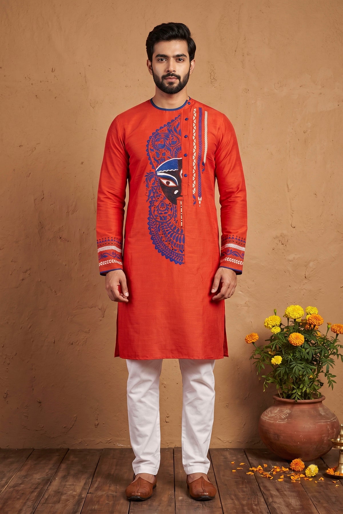 Red Color Cotton Kantha Stitch (Hand Embroidery) Panjabi KP26426