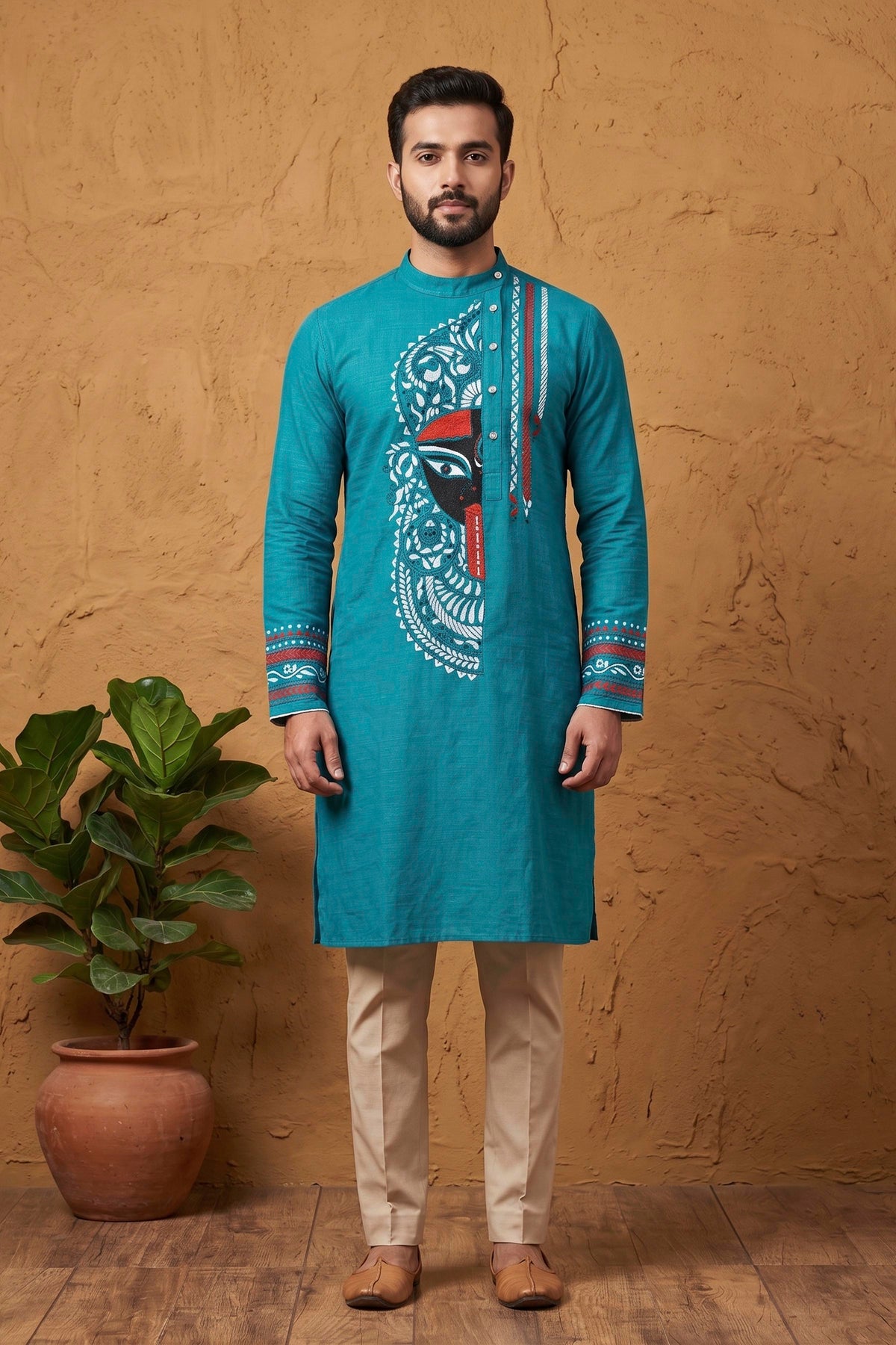 Sea Green Color Cotton Kantha Stitch (Hand Embroidery) Panjabi KP26427