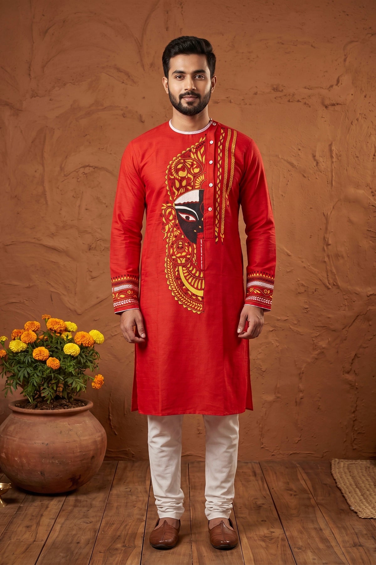 Red Color Cotton Kantha Stitch (Hand Embroidery) Panjabi KP26432