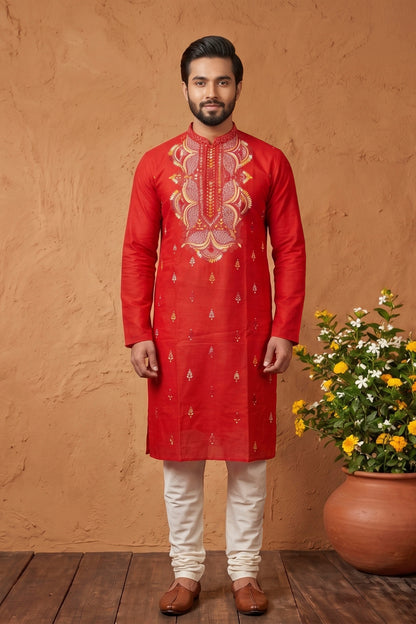 Red Pure Cotton with Kantha Work (Hand Embroidery) Panjabi KP26435