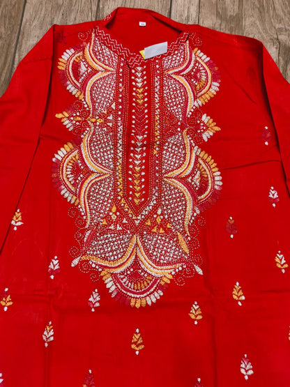 Red Pure Cotton with Kantha Work (Hand Embroidery) Panjabi KP26435