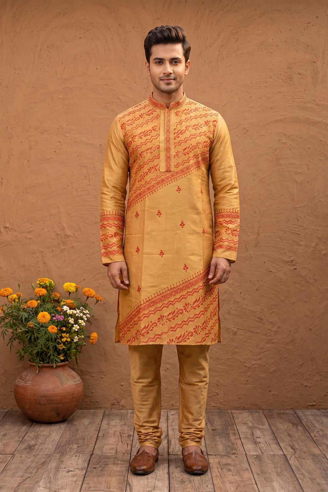 Yellow Pure Tussar with Kantha Work (Hand Embroidery) Panjabi KP26437