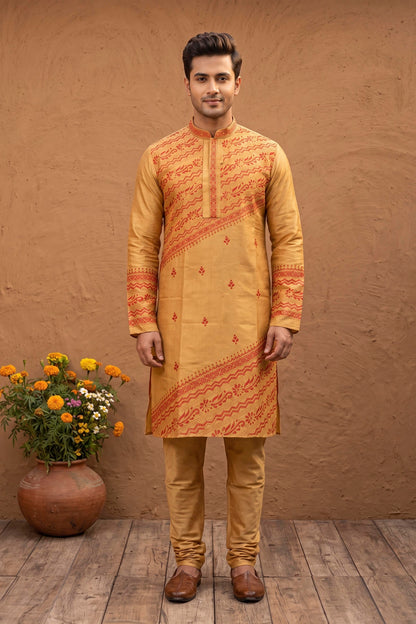 Yellow Pure Tussar with Kantha Work (Hand Embroidery) Panjabi KP26437
